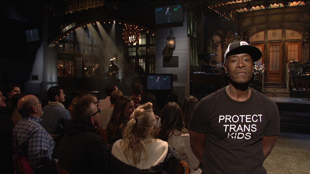 Don Cheadle's shirt on SNL Protect Trans Kids Solzy at the Movies